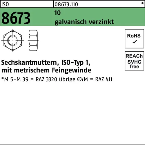 Sechskantmutter ISO 8673 M8x 1 10 galv.verz. 100 Stück