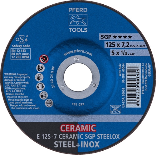 Schruppscheibe CERAMIC SGP STEELOX D125xS7mm gekr.STA Bohr.22,23mm PFERD