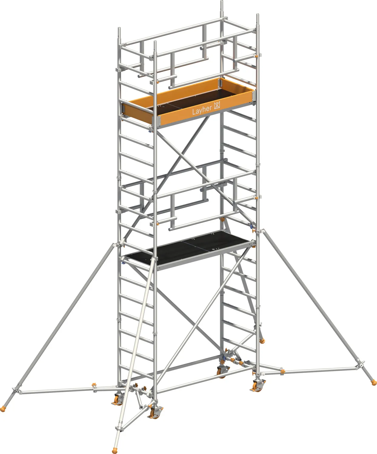 Layher Fahrgerüst Uni Leicht P2 SAFETY PLUS mit Doppelgeländer und Gerüststützen Typ: 1423224 | SH: 4,1 m / AH: 6,10 m