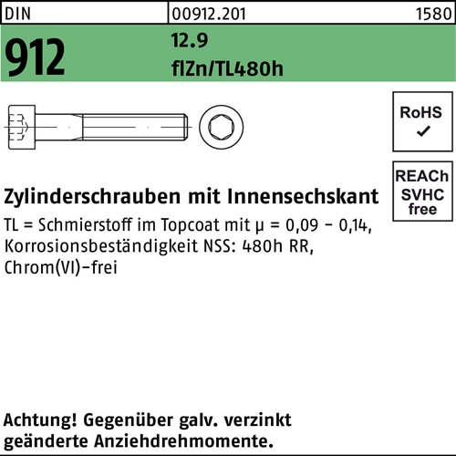 Zylinderschraube DIN 912 Innen-6kt M10x70 12.9 flZnnc 480h-L 100St.