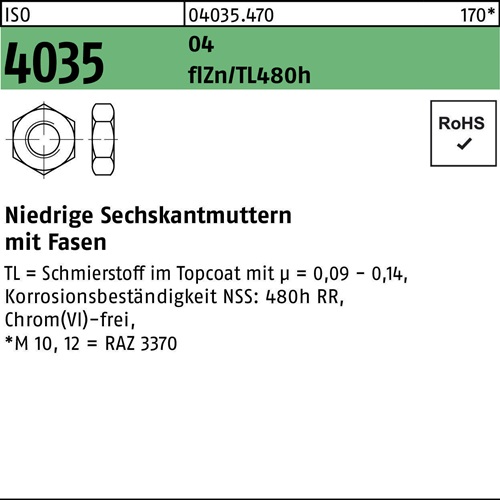 Sechskantmutter ISO 4035 niedrig Fasen M10 12 AU flZnnc 480h-L 500St.