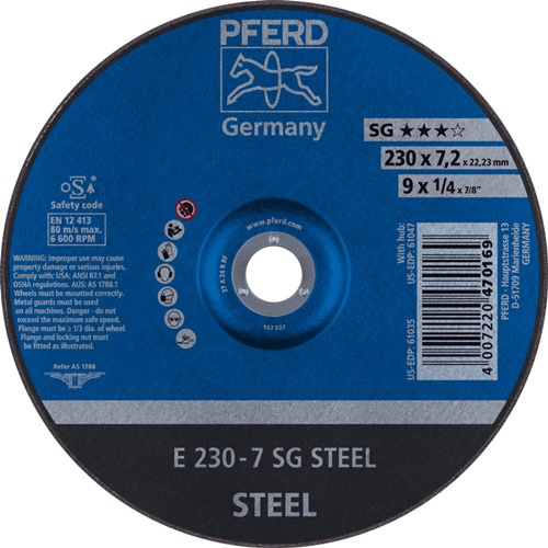 Schruppscheibe SG STEEL D230xS7,2mm gekr.STA Bohr.22,23mm PFERD