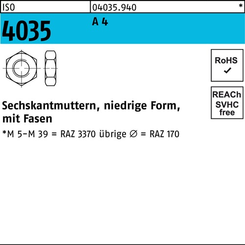 Sechskantmutter ISO 4035 niedrig Fasen M5 A 4 100 Stück