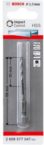 Bosch Spiralbohrer Arbeits-L.30mm D.2,5mm L.69mm HSS Schaft-D.6,35mm
