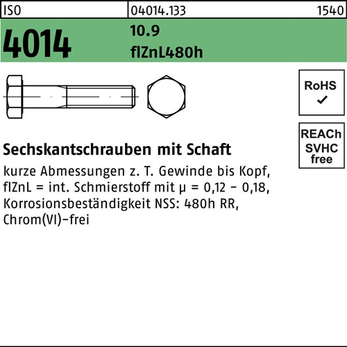 Sechskantschraube ISO 4014 Schaft M20x 90 10.9 zinklamellenb. 25 Stück