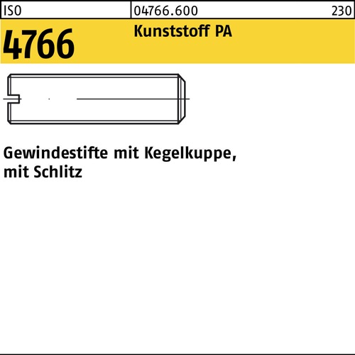 Gewindestift ISO 4766 Kegelkuppe/Schlitz M4x 8 Polyamid 100 Stück