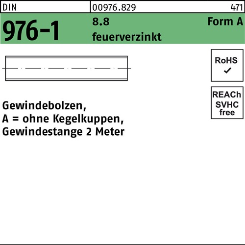 Gewindebolzen DIN 976 o.Kegelkuppen AM 20x 2000 8.8 feuerverz. 1 Stück