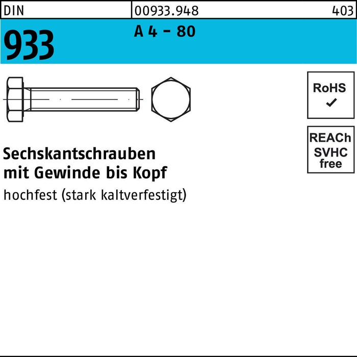 Sechskantschraube DIN 933 VG M20x 75 A 4 - 80 25 Stück