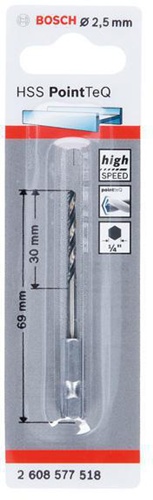 Bosch Spiralbohrer PoinTeQ DIN338 Arbeits-L.30mm D.2,5mm L.69mm HSS Typ N
