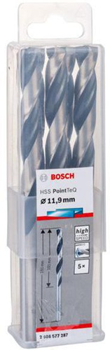 Bosch Metallspiralbohrer PointTeQ DIN388 Arbeits-L.101mm D.11,9mm Typ N 5St.