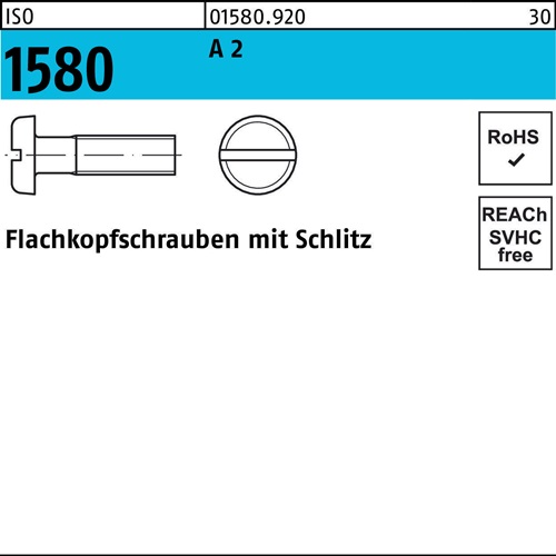 Flachkopfschraube ISO 1580 Schlitz M4x 12 A 2 200 Stück