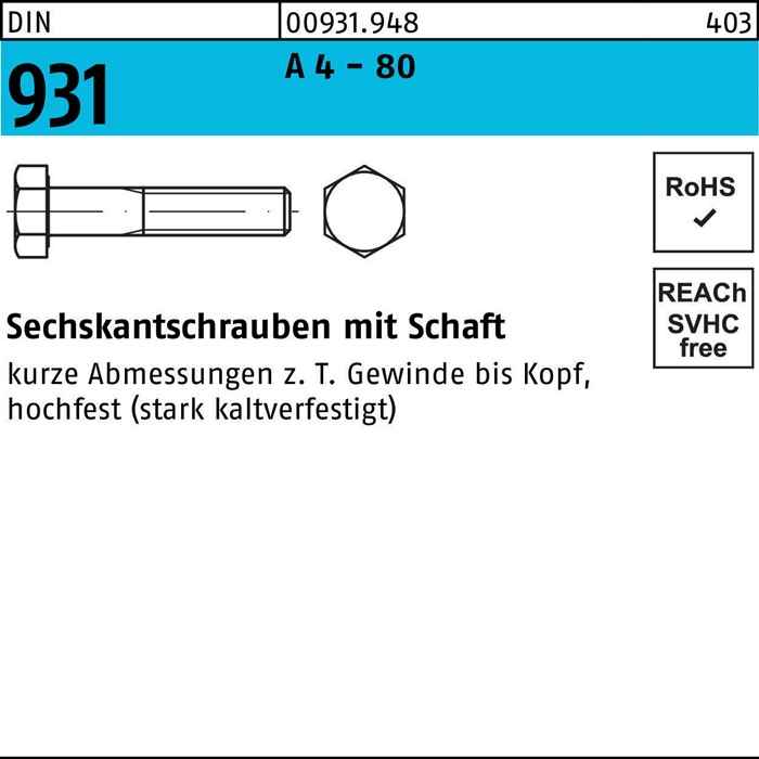 Sechskantschraube DIN 931 Schaft M20x 90 A 4 - 80 1 Stück