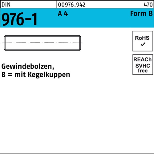 Gewindebolzen DIN 976 Kegelkuppen BM 20x 130 A 4 10 Stück