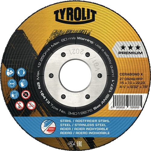 Schruppscheibe CERABOND X D125xS7mm gekr.INOX/Stahl Bohr.22,23mm TYROLIT