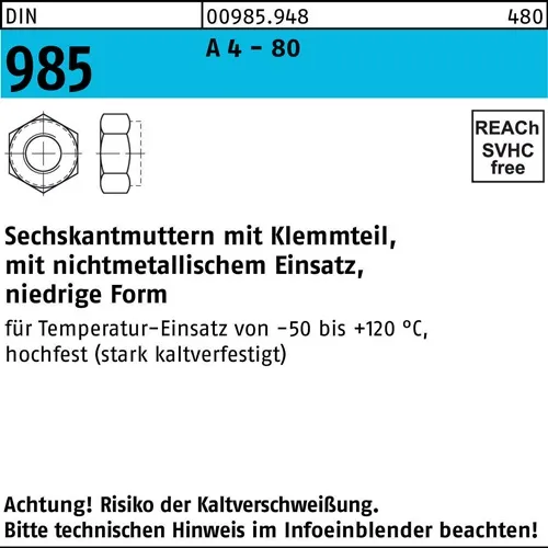 Sechskantmutter DIN 985 Klemmteil M5 A 4 - 80 1000 Stück
