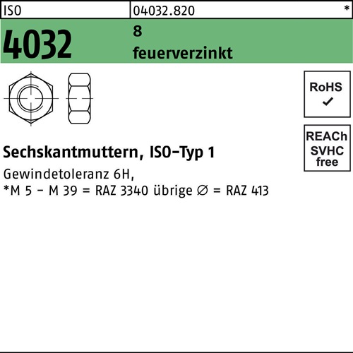 Sechskantmutter ISO 4032 M 45 8 feuerverzinkt 5 Stück