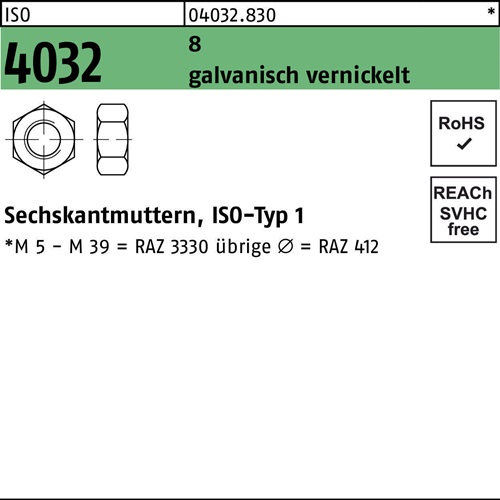 Sechskantmutter ISO 4032 M3 8 galv. vernickelt 1000 Stück