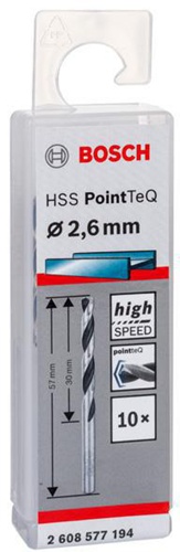 Bosch Metallspiralbohrer PointTeQ DIN388 Arbeits-L.30mm D.2,6mm Typ N 10St.