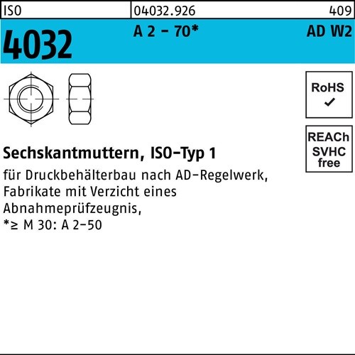 Sechskantmutter ISO 4032 M 33 A 2 - 70 AD-W2 10 Stück