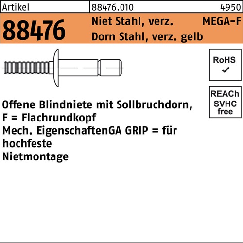 Blindniete R 88474 Flachkopf Niet Stahl verz./Dorn Stahl verz. gelb GESIPA