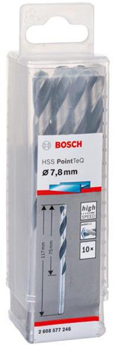 Bosch Metallspiralbohrer PointTeQ DIN388 Arbeits-L.75mm D.7,8mm Typ N 10St.