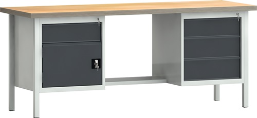 Werkbank PW 700 B2000xT700xH840mm Buche Multiplex lichtgrau/grau 4 Schubl.1 Tür