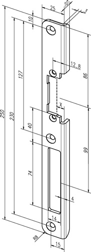 Winkelschließbl.63 B VA B.25mm L.250mm ktg.DIN re.ASSA ABLOY