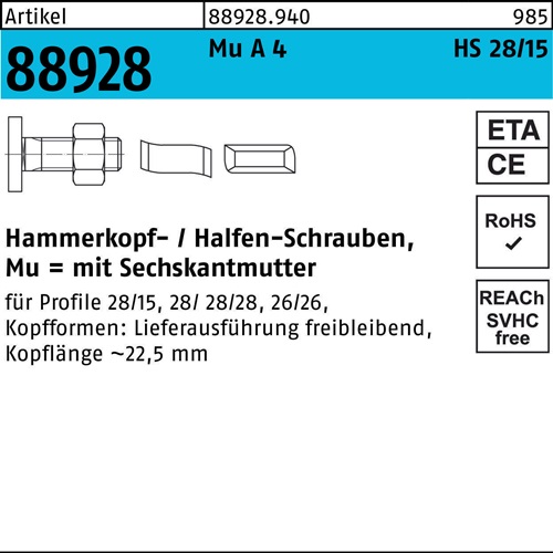 Hammerkopfschraube R 88928 28/15 6-ktmutter M10x 50 Mu A 4 50St. HALFEN