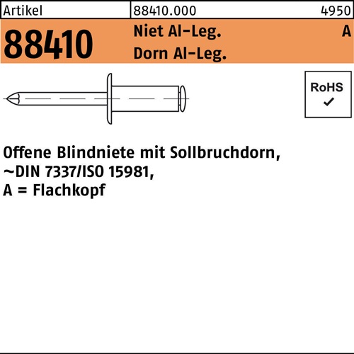 Blindniete R 88410 FLAKO 3,2x7,6 Niet Aluminium/Dorn Aluminium 500St.