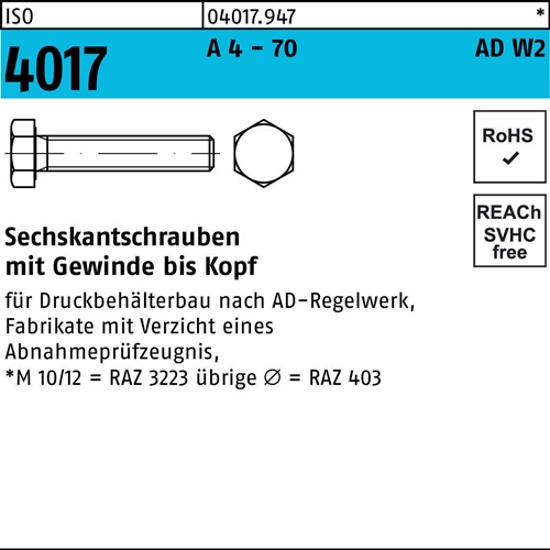 Sechskantschraube ISO 4017 VG M6x 8 A 4 - 70 AD-W2 200 Stück
