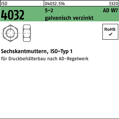 Sechskantmutter ISO 4032 M12 5-2 AD W7 galv.verz. 100 Stück