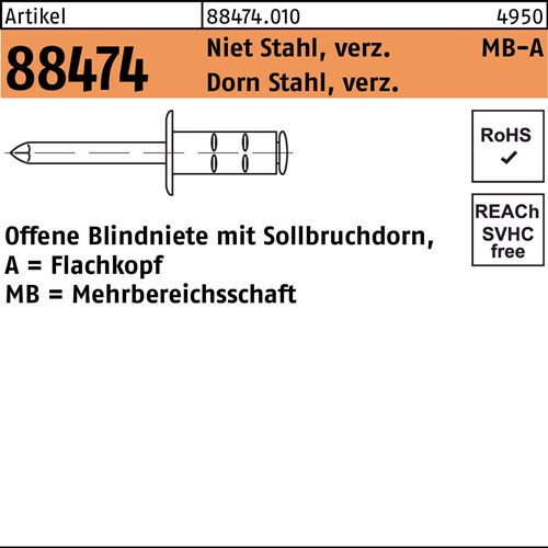Blindniete R 88474 FLAKO 4x17 Niet Stahl verz./Dorn Stahl verz. 500St. GESIPA
