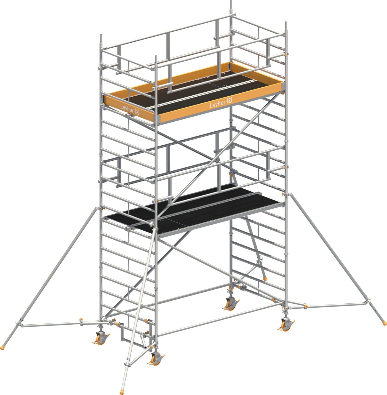 Layher Fahrgerüst Uni Breit P2 SAFETY PLUS mit Doppelgeländer und Gerüststützen Typ: 1422124 | SH: 4,2 m / AH: 6,20 m