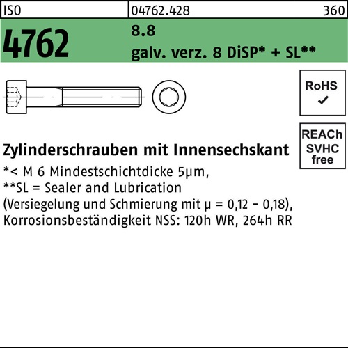 Zylinderschraube ISO 4762 Innen-6kt M3x16 8.8 galv.verz. 8 DiSP+SL 500St.