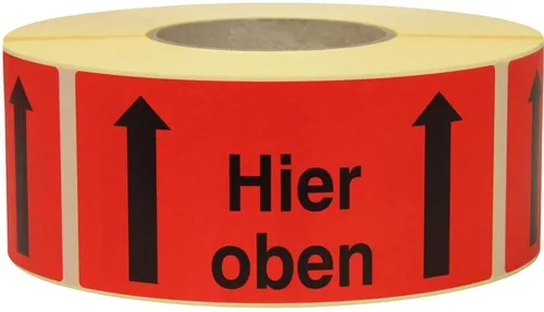 Warnetiketten Maße 145x70mm Papier rot Hier oben TRANSPAK