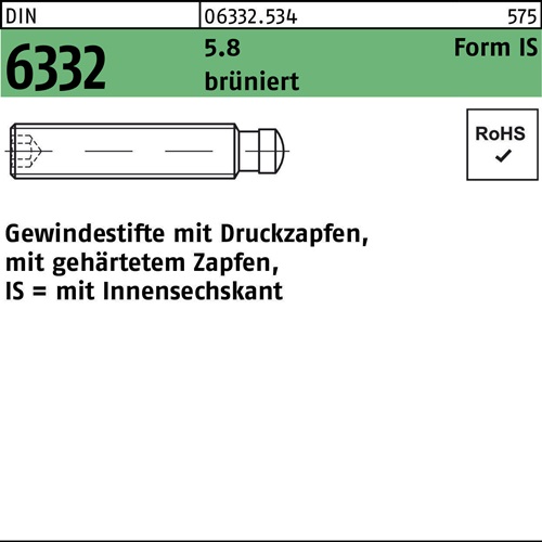 Gewindestift DIN 6332 FormIS Zapfen/Innen-6kt IS M8x50 5.8 brüniert 10St.