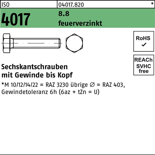 Sechskantschraube ISO 4017 VG M12x 40 8.8 feuerverz. 100 Stück
