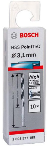 Bosch Metallspiralbohrer PointTeQ DIN388 Arbeits-L.36mm D.3,1mm Typ N 10St.