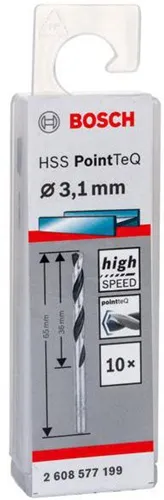 Bosch Metallspiralbohrer PointTeQ DIN388 Arbeits-L.36mm D.3,1mm Typ N 10St.