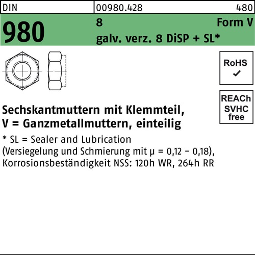 Sechskantmutter DIN 980 Klemmteil V M5 8 galv.verz. 8 DISP 1000Stück