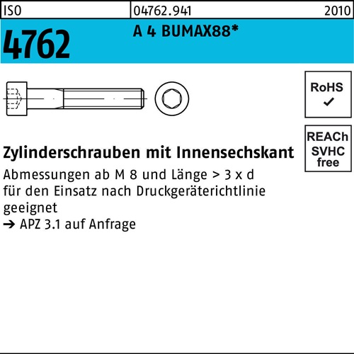Zylinderschraube ISO 4762 Innen-6kt M6x 12 A 4 BUMAX88 100 Stück BUFAB