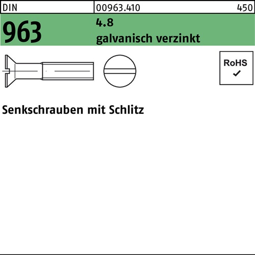 Senkschraube DIN 963 Schlitz M8x 100 4.8 galv.verz. 100 Stück