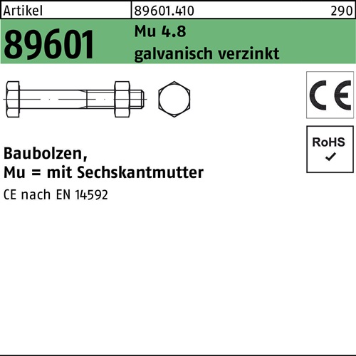 Baubolzen R 89601 CE 6-ktmutter M16x 480 Mu 4.8 galv.verz. 15 Stück