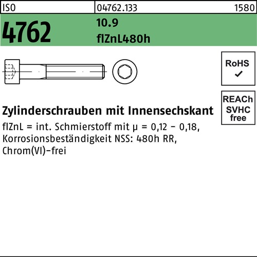 Zylinderschraube ISO 4762 Innen-6kt M6x18 10.9 zinklamellenb. 500St.