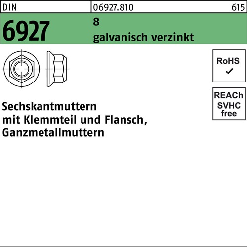 Sechskantmutter DIN 6927 Klemmteil/Flansch M12 8 galv.verz. 100Stück