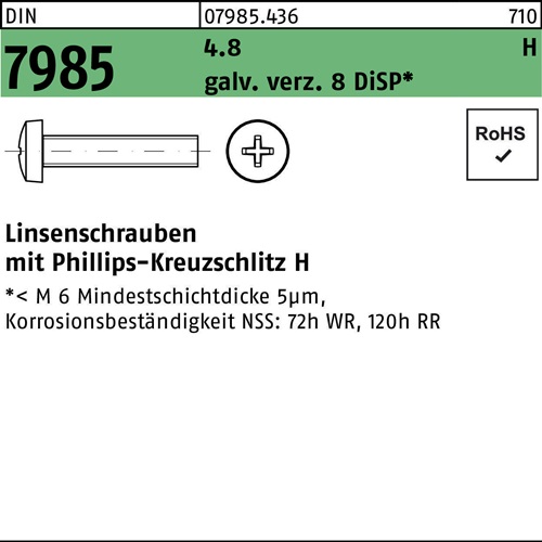 Linsenschraube DIN 7985 PH M3x16-H 4.8 galv.verz. 8 DiSP 2000St.