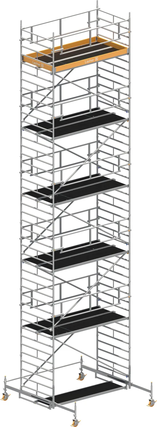 Layher Fahrgerüst Uni Breit P2 SAFETY PLUS mit Doppelgeländer Typ: 1422110 | SH: 10,38 m / AH: 12,38 m