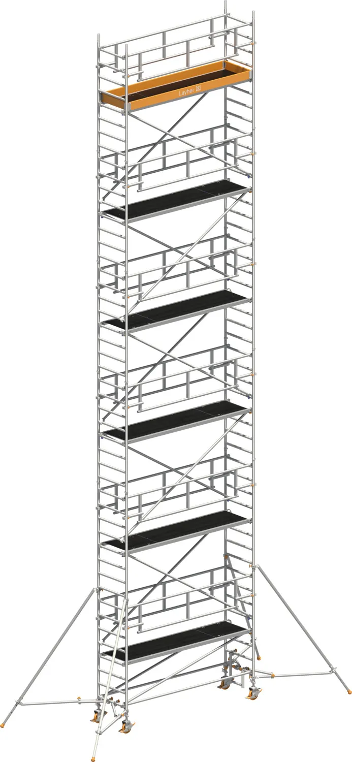 Layher Fahrgerüst Uni Standard P2 SAFETY PLUS mit Doppelgeländer und Gerüststützen Typ: 1421131 | SH: 11,2 m / AH: 13,20 m