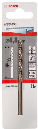 Bosch Metallbohrer HSS-Co DIN338 Arbeits-L.52mm D.4,8mm L.86mm