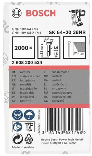 Bosch Senkkopfstift SK64-20 NR LxBxD 38x2,8x1,35mm Edelstahl Drahtmaß 1,6mm 2000erPack